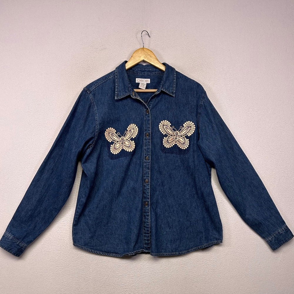 Vintage Cherokee Butterfly Lace Denim Shirt Women XL Long Sleeve Button Down Y2K